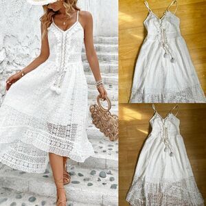 Lace boho white summer spring dress high low L